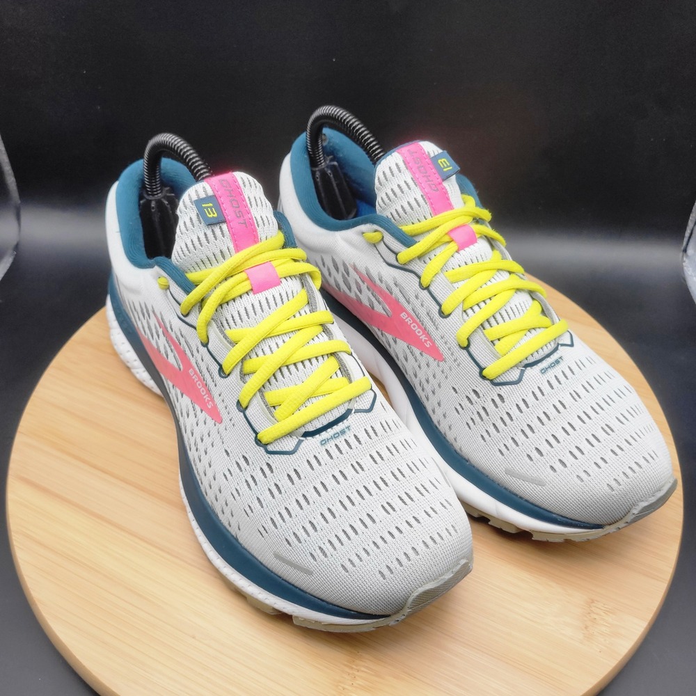 Brooks Ghost 13 Womens Running Shoes Grey Pink Yellow 1203381B154 Size 9